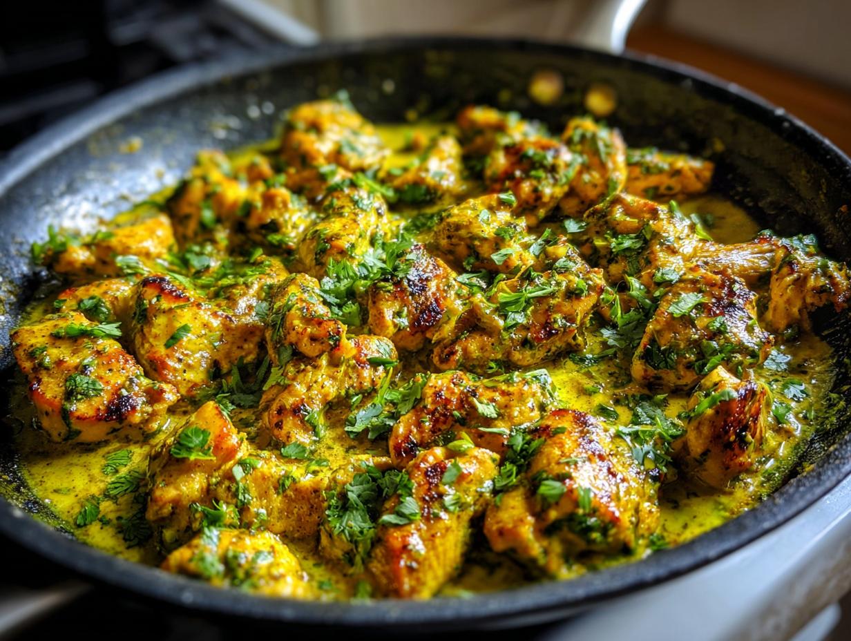 Close-up of seared chicken pieces simmering in a creamy, yellow sauce garnished with fresh cilantro, representing Coconut Lime Chicken.