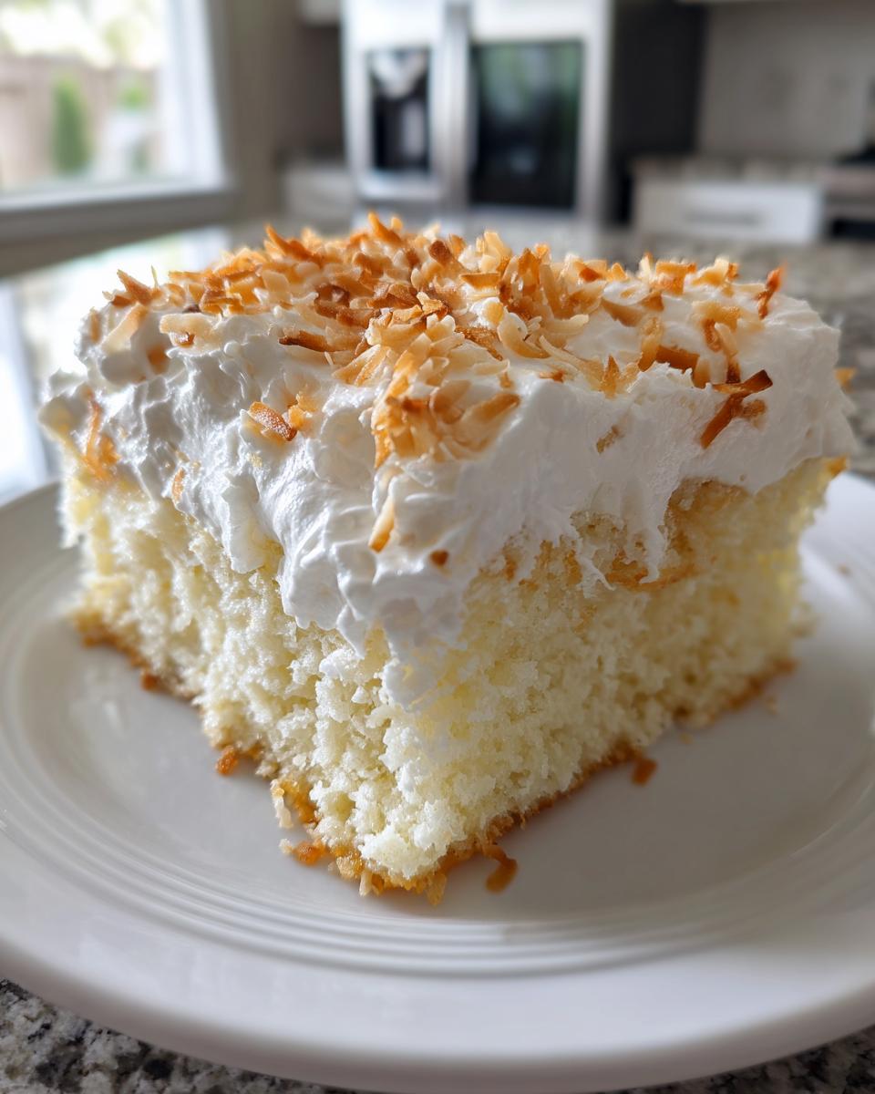 A close-up of a square slice of coconut poke cake topped with whipped cream and toasted coconut flakes.