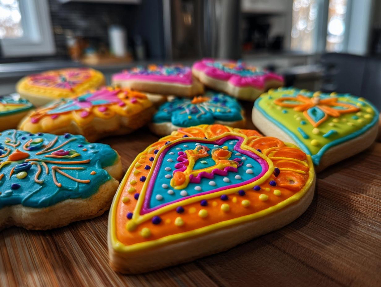 Close-up of several heart-shaped sugar cookies decorated with vibrant, glossy cookie icing in orange, blue, and green.