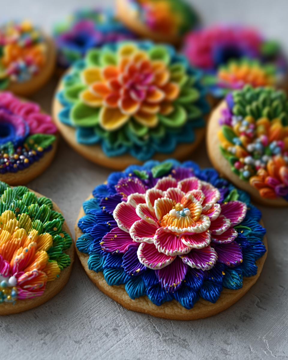 Close-up of vibrant, multi-colored cookies decorated with intricate 3D floral designs using piped cookie icing.