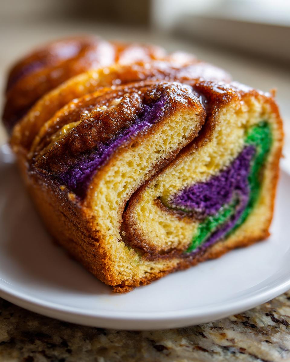 Close-up of a slice of King Cake showing colorful purple and green swirls inside the rich, glazed brioche dough.