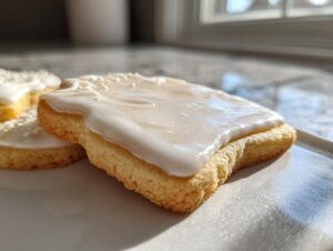 Close-up of a square sugar cookie topped with thick, glossy white cookie icing recipe, sprinkled with tiny white nonpareils.