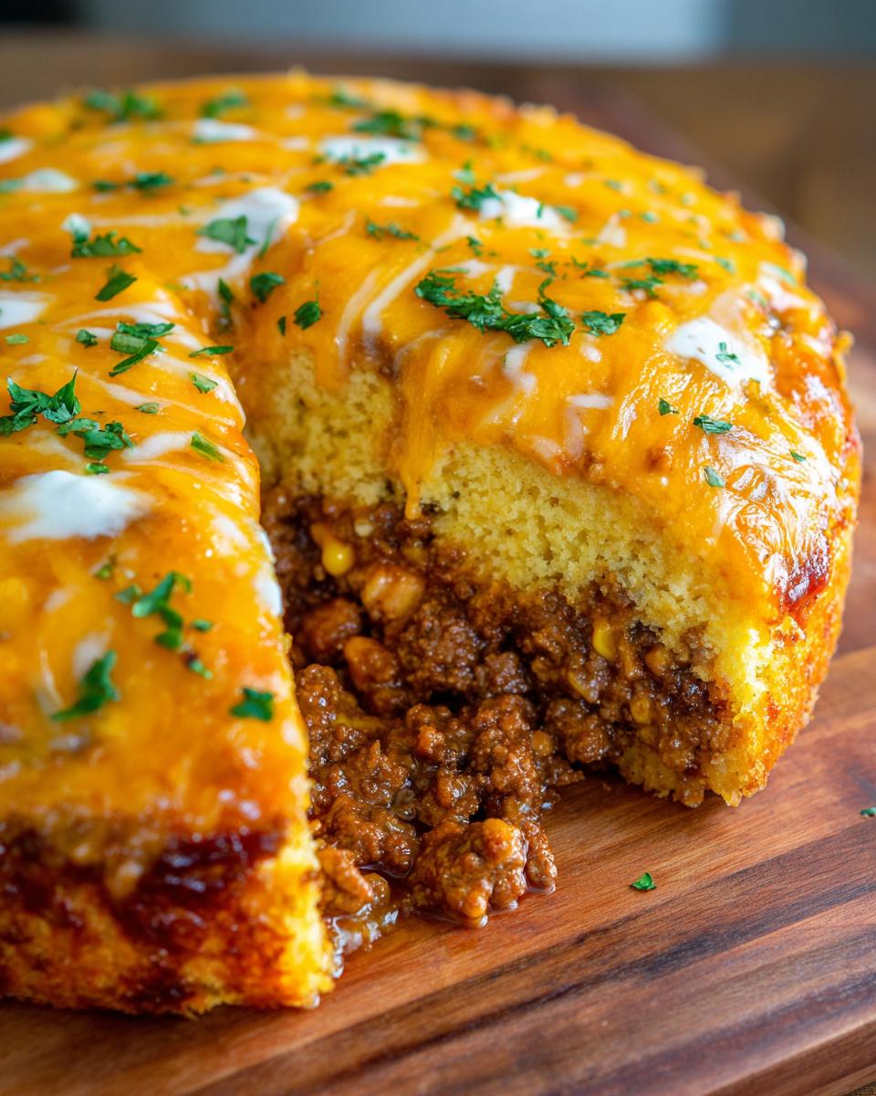A round cowboy cornbread casserole with a slice removed, showing the savory ground meat and corn filling inside, topped with melted cheese.