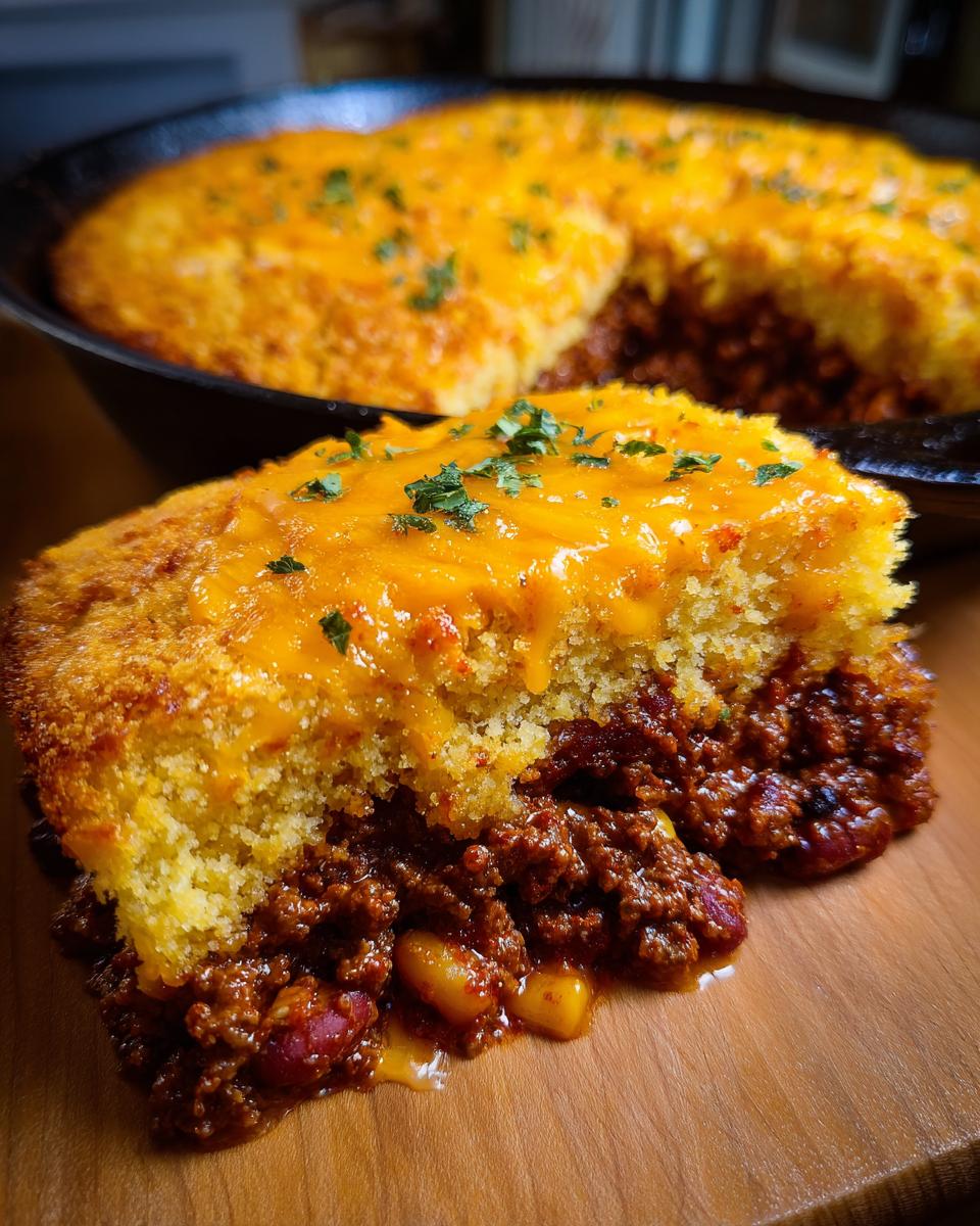 A slice of cowboy cornbread casserole showing a thick layer of chili beneath a cheesy cornbread topping.