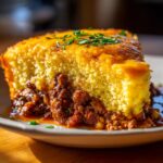 A close-up slice of cowboy cornbread casserole showing a thick layer of golden cornbread over savory chili filling.