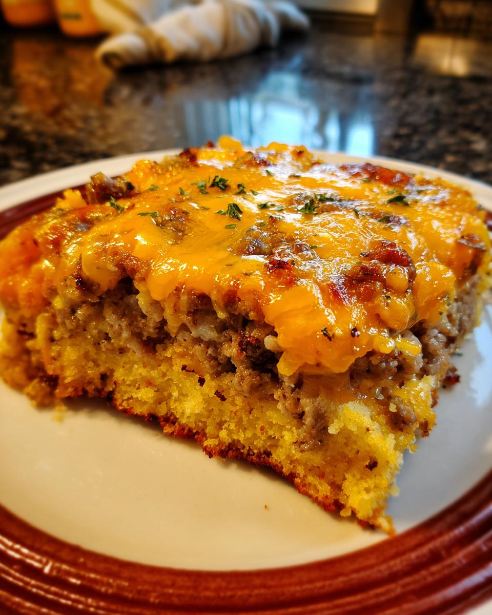 A close-up serving of cowboy cornbread casserole featuring a thick layer of ground meat and melted cheddar cheese on top.