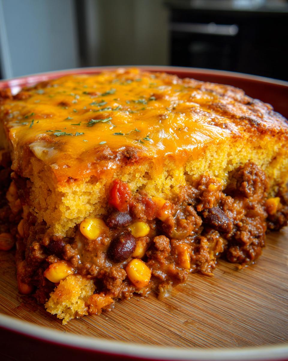 A close-up serving of cowboy cornbread casserole showing the thick cornbread layer topped with melted cheddar and chili filling below.