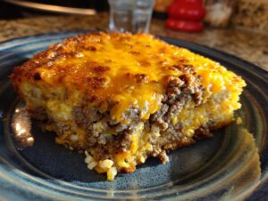 A close-up slice of Cowboy Cornbread Casserole showing layers of ground meat, cornbread base, and a thick, melted cheddar cheese topping.