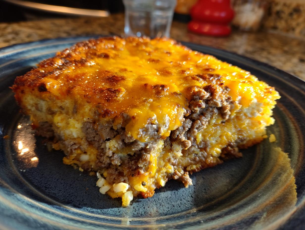 A close-up slice of Cowboy Cornbread Casserole showing layers of ground meat, cornbread base, and a thick, melted cheddar cheese topping.