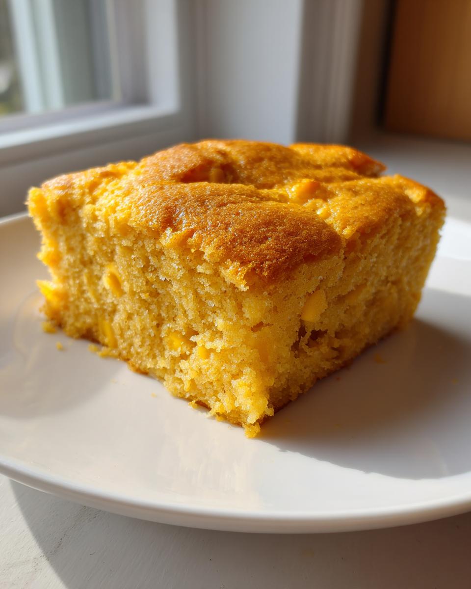 A golden square slice of moist cream cheese corn casserole served on a white plate near a window.