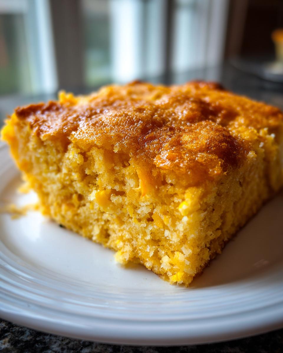 A close-up of a golden slice of cream cheese corn casserole served on a white plate.