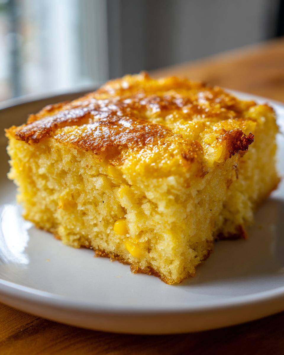 A close-up of a moist slice of cream cheese corn casserole showing whole corn kernels and a golden, slightly caramelized top.
