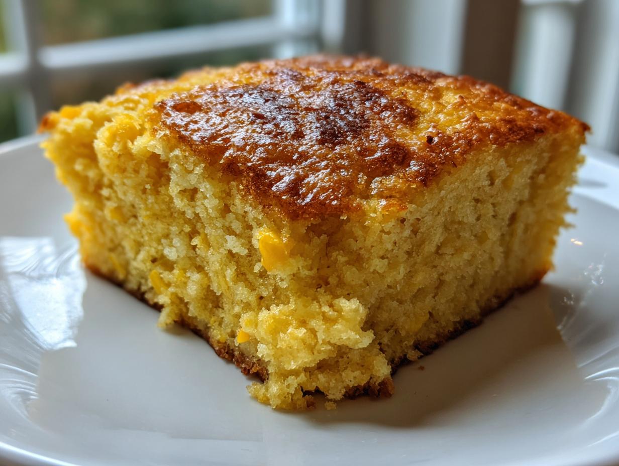 A close-up shot of a square slice of moist cream cheese corn casserole with a beautifully browned top, served on a white plate.