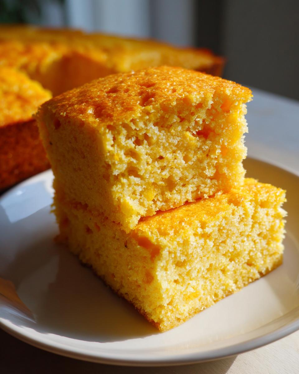 Two golden squares of moist cream cheese corn casserole stacked on a white plate, showing the crumb texture.