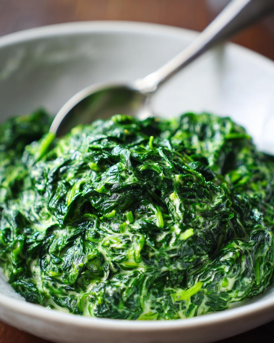 A close-up shot of rich, vibrant green creamed spinach recipe served in a white bowl with a silver spoon.