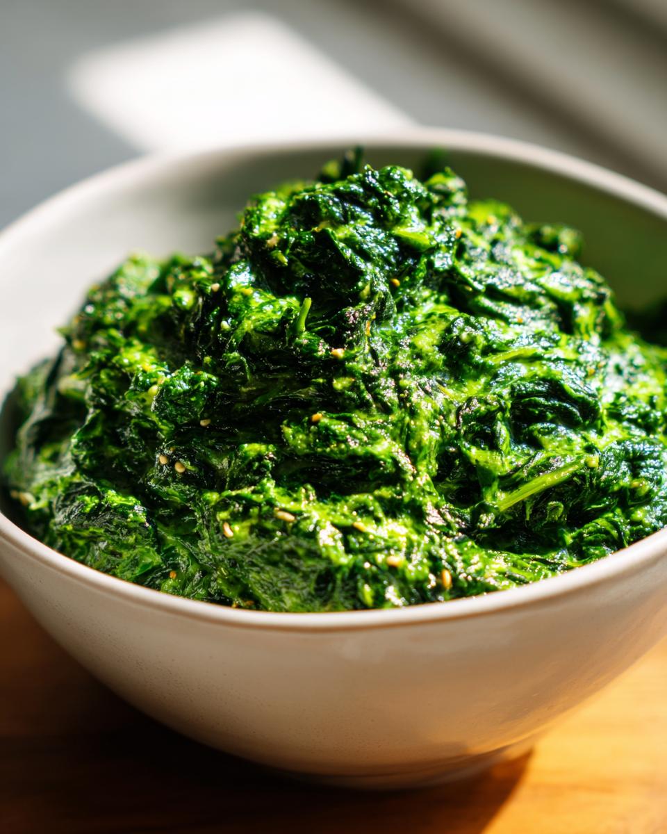 A close-up of a generous serving of vibrant green creamed spinach recipe in a light-colored bowl.
