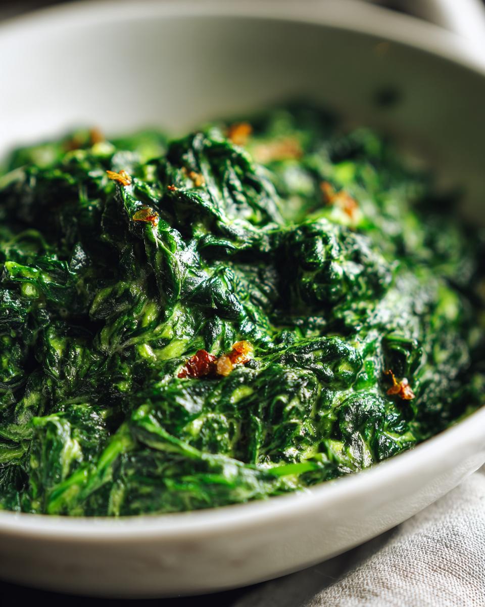 Close-up of rich, dark green creamed spinach recipe served in a white bowl, topped with crispy bits.