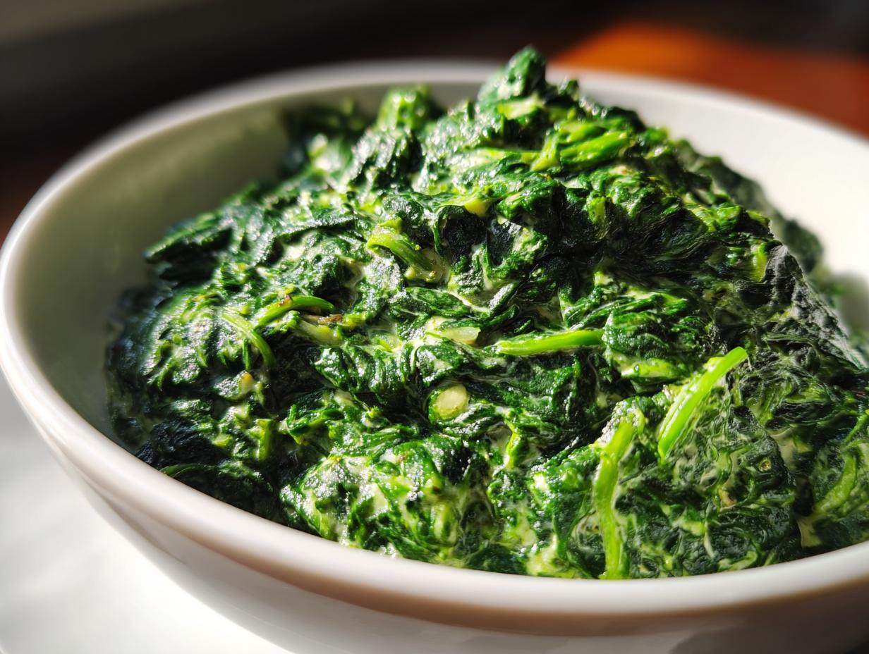 Close-up of rich, vibrant green creamed spinach recipe served in a white bowl.