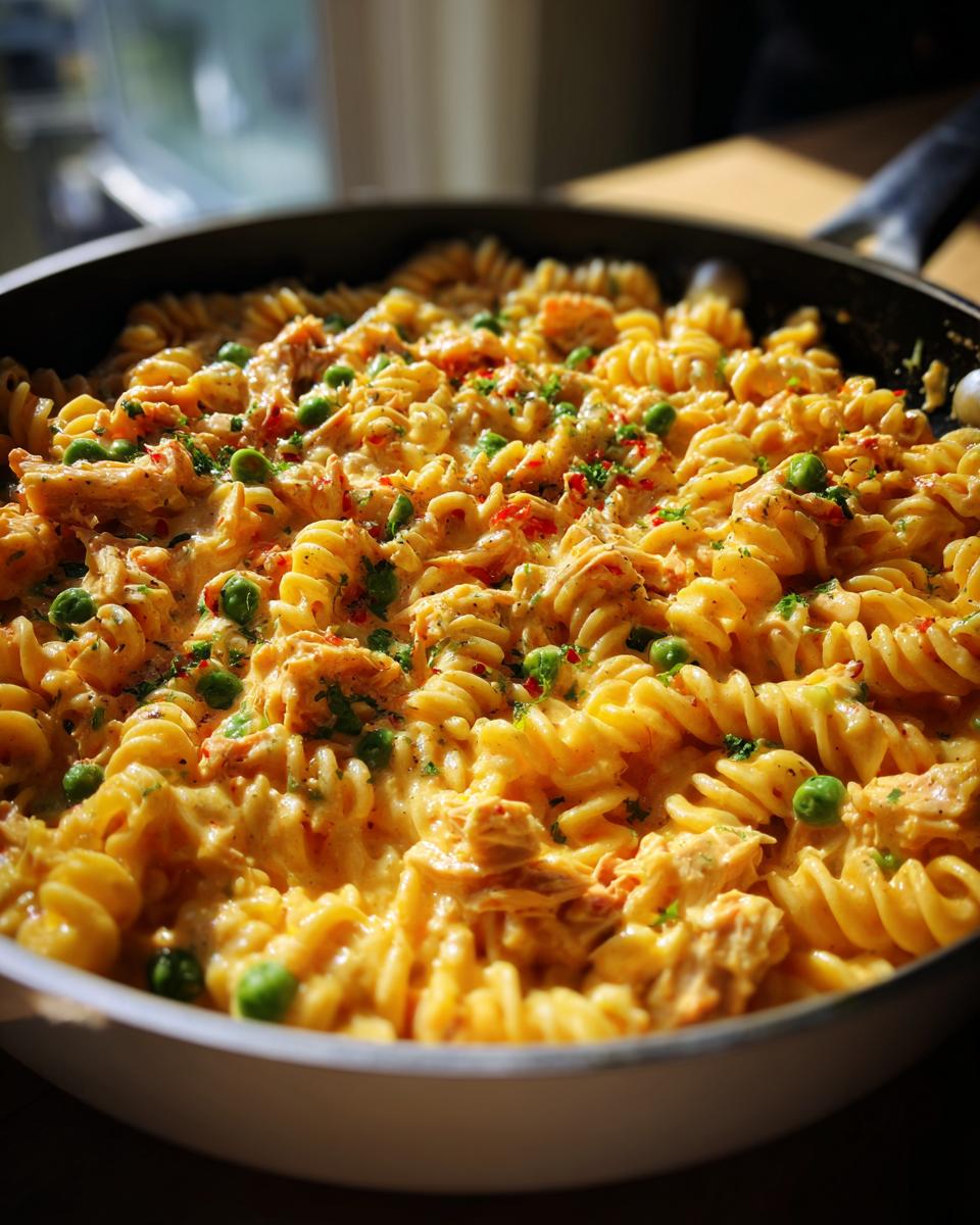 Close-up of creamy tuna pasta made with fusilli, peas, and herbs, served directly in a skillet.