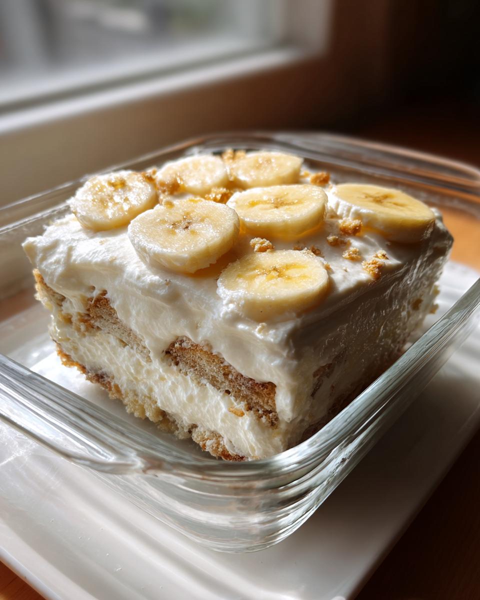 A single serving slice of creamy banana pudding layered with wafers and topped with fresh banana slices.