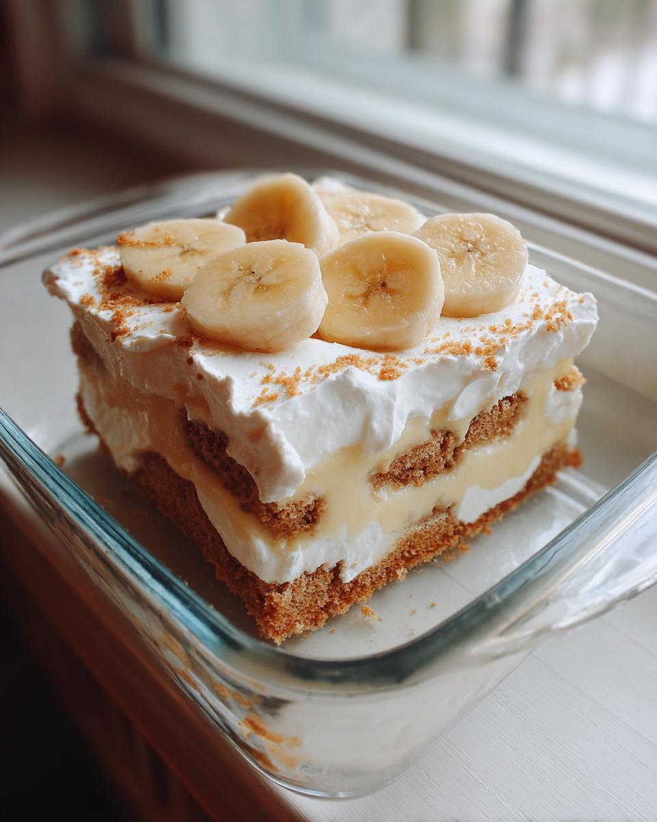 A square slice of layered banana pudding topped with whipped cream and fresh banana slices.