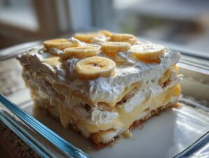 A close-up of a layered slice of creamy banana pudding topped with whipped cream and fresh banana slices.