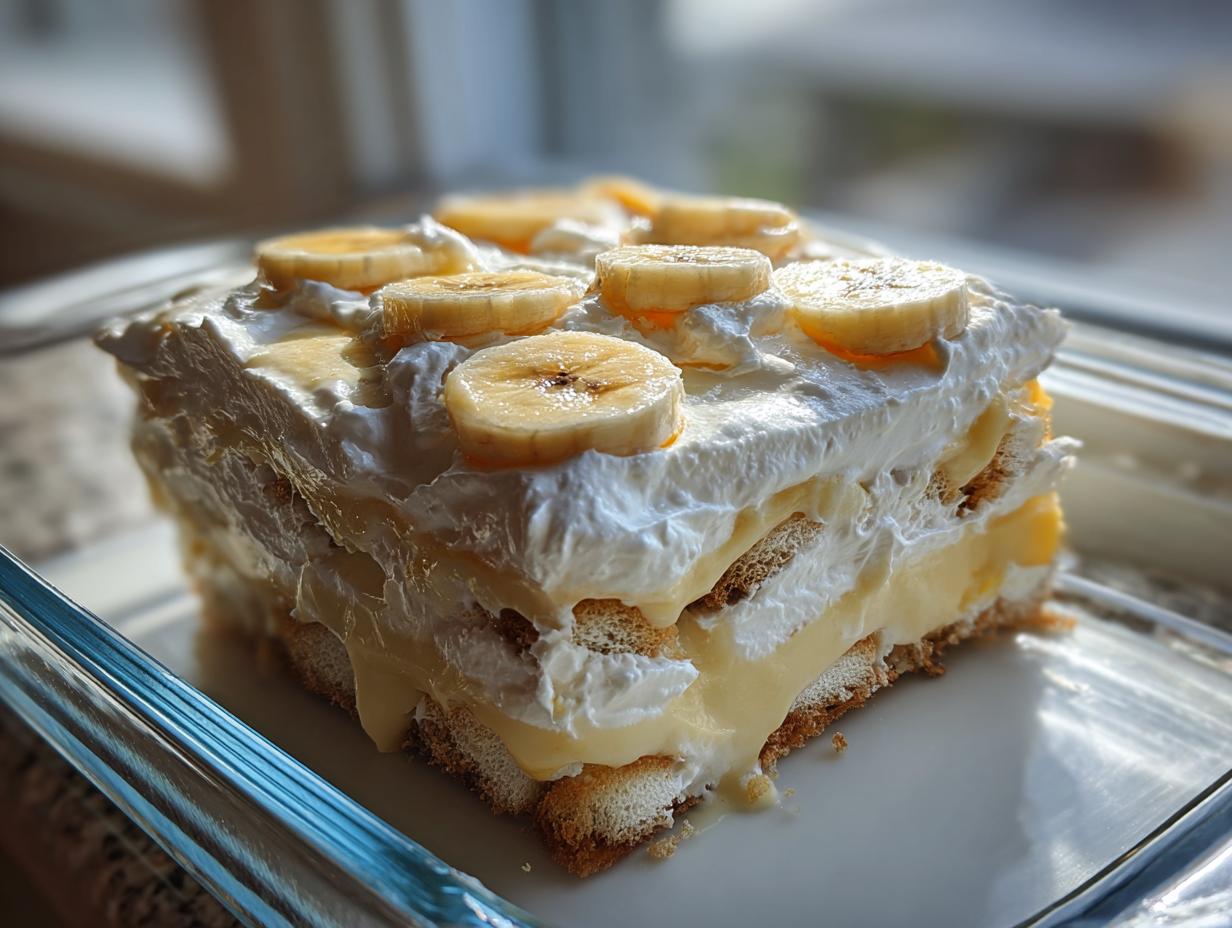 A close-up of a layered slice of creamy banana pudding topped with whipped cream and fresh banana slices.