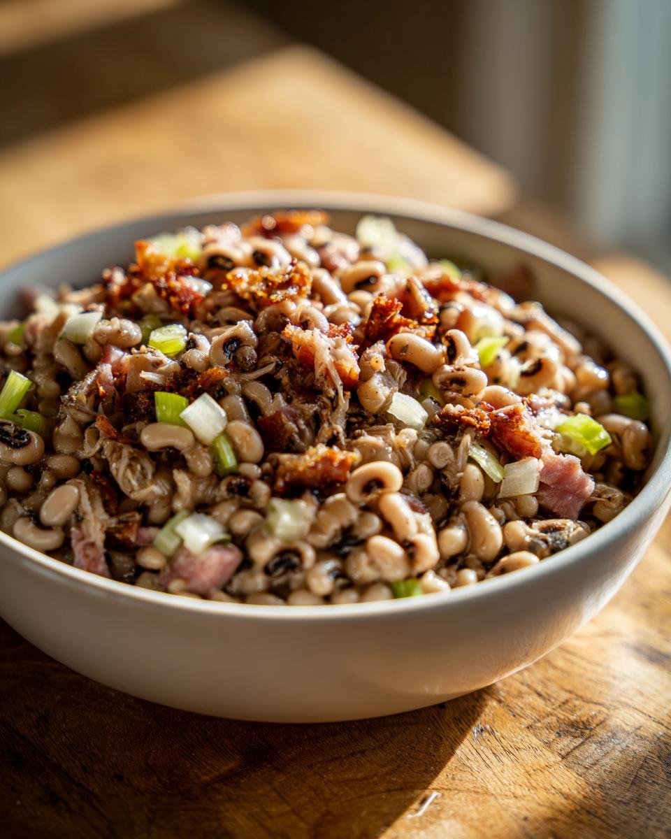 A close-up bowl of creamy black eyed peas mixed with savory ham or bacon pieces and topped with fresh green scallions.
