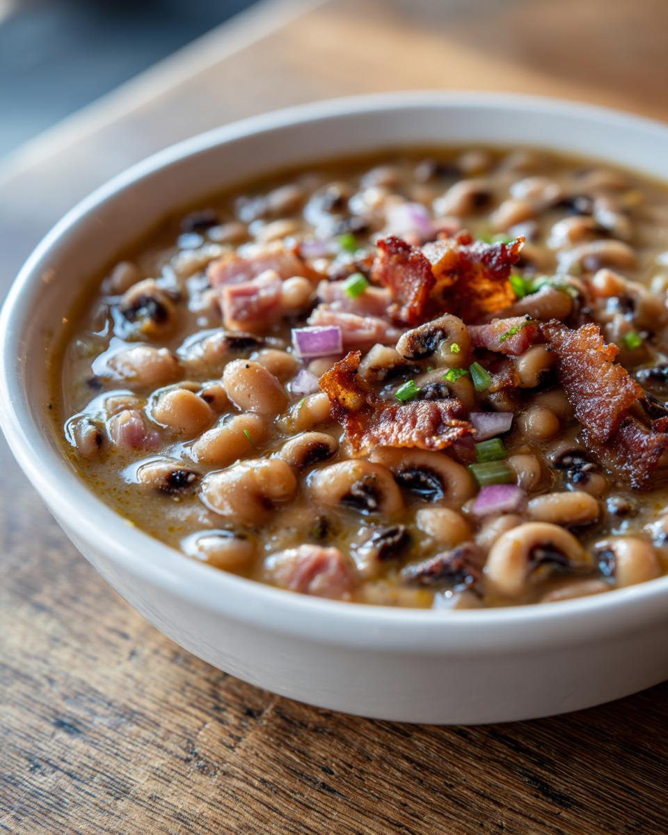 Close-up of a bowl of creamy black eyed peas topped with crispy bacon, diced red onion, and chives.