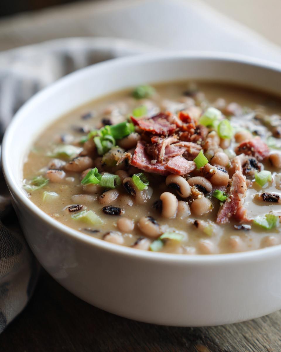 Close-up of a bowl of creamy black eyed peas topped with crumbled bacon and chopped green onions.