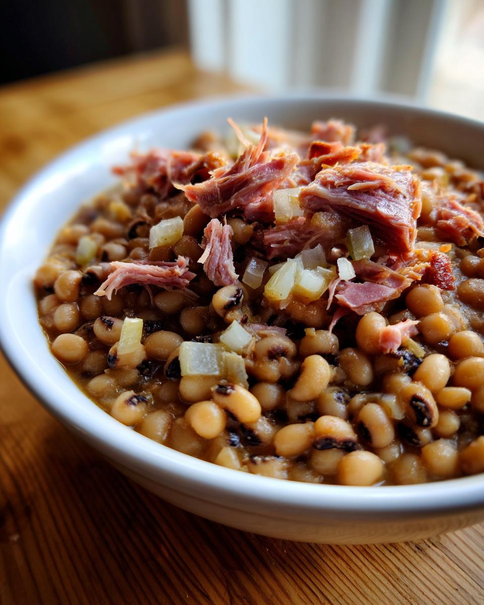 A close-up of a white bowl filled with creamy black eyed peas topped with shredded ham and diced onions.