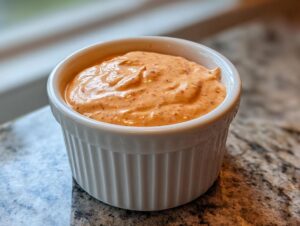 Close-up of creamy, orange-hued burger sauce speckled with spices, served in a white fluted ramekin.