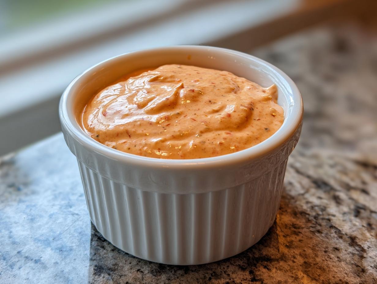 Close-up of creamy, orange-hued burger sauce speckled with spices, served in a white fluted ramekin.