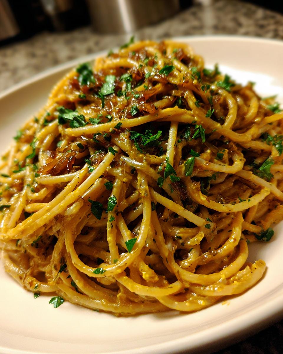 A close-up shot of a serving of creamy caramelized onion pasta tossed with rich sauce and topped with fresh chopped parsley.