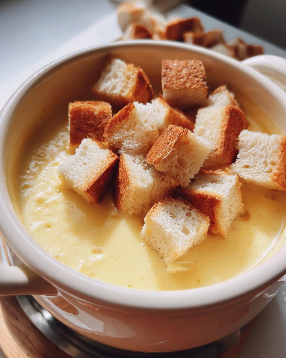 Close-up of creamy, melted cheese fondue in a white bowl topped with toasted bread cubes.