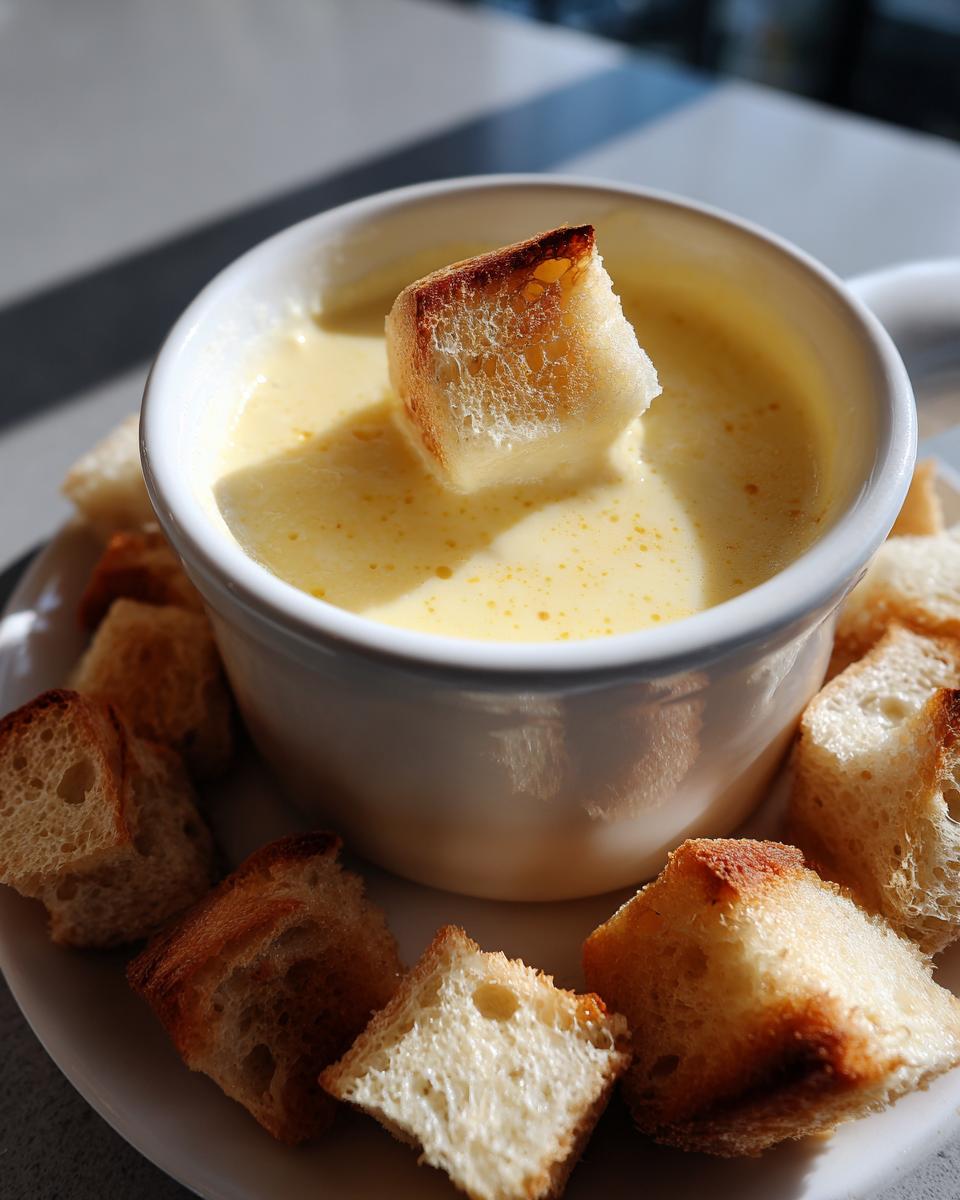 A close-up of a piece of toasted bread being dipped into a small white bowl of smooth, yellow cheese fondue.