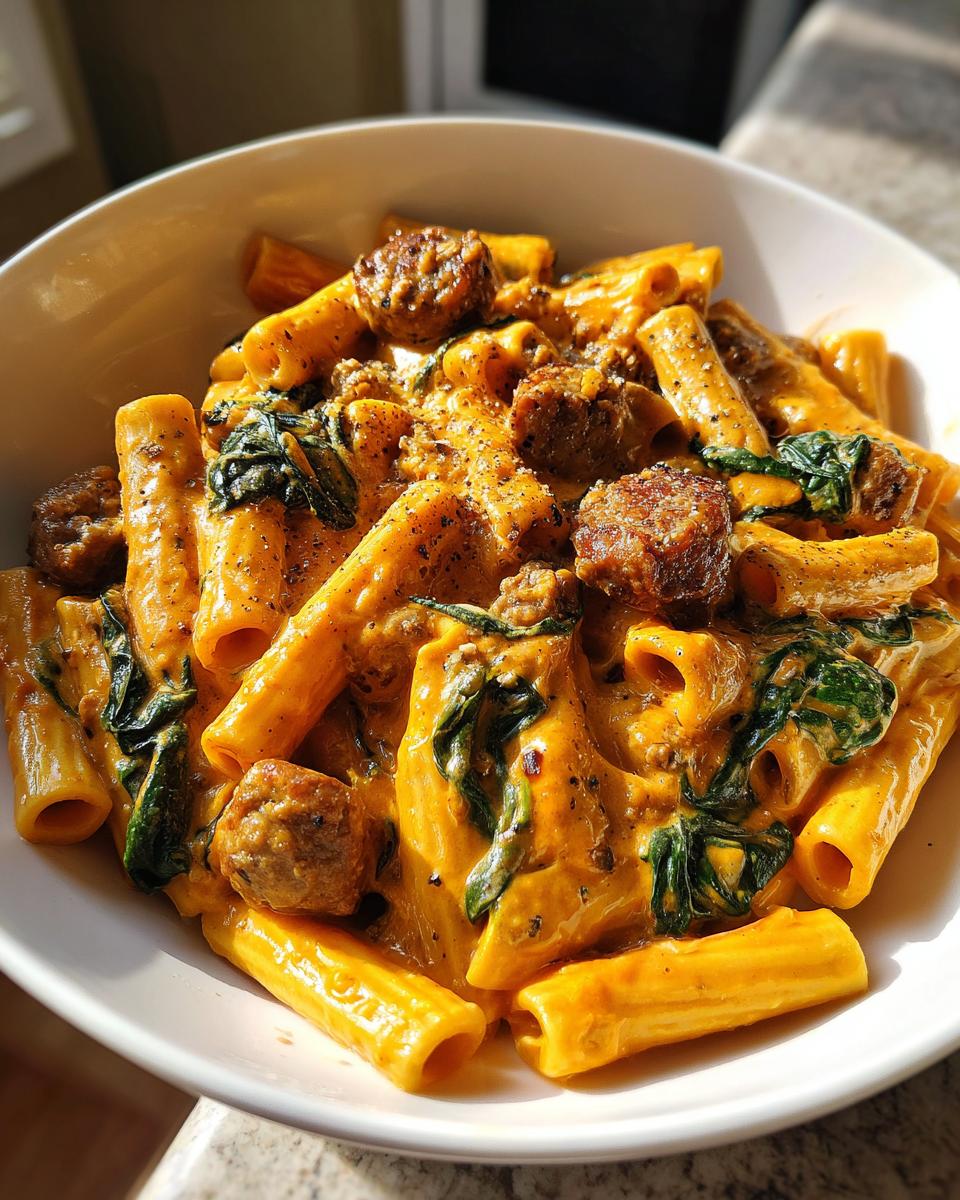 Close-up of rigatoni pasta tossed in a creamy orange sauce with chunks of chicken sausage pasta and wilted spinach.