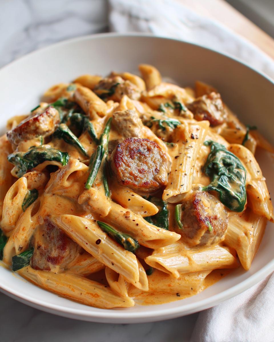 Close-up of creamy chicken sausage pasta with spinach served in a white bowl.