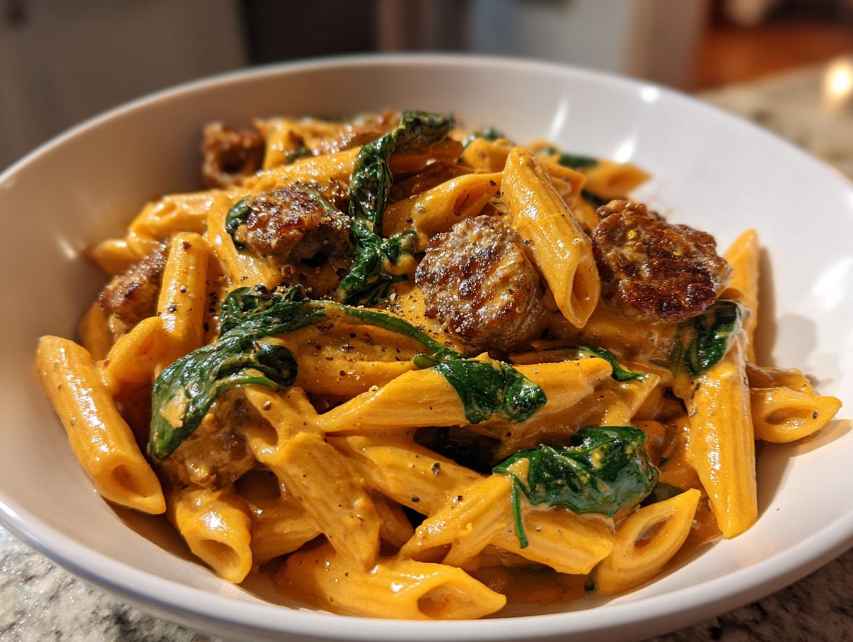 A close-up view of creamy chicken sausage pasta featuring penne, browned sausage slices, and wilted spinach, served in a white bowl.