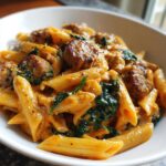 A close-up of creamy chicken sausage pasta featuring penne, sliced sausage, and wilted spinach in a rich sauce.