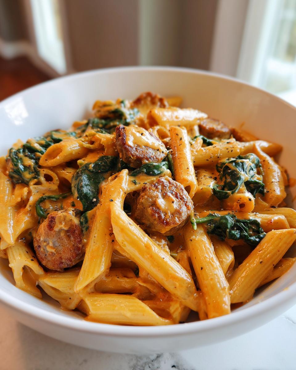 Close-up of creamy chicken sausage pasta featuring penne, sliced sausage, and wilted spinach in a white bowl.
