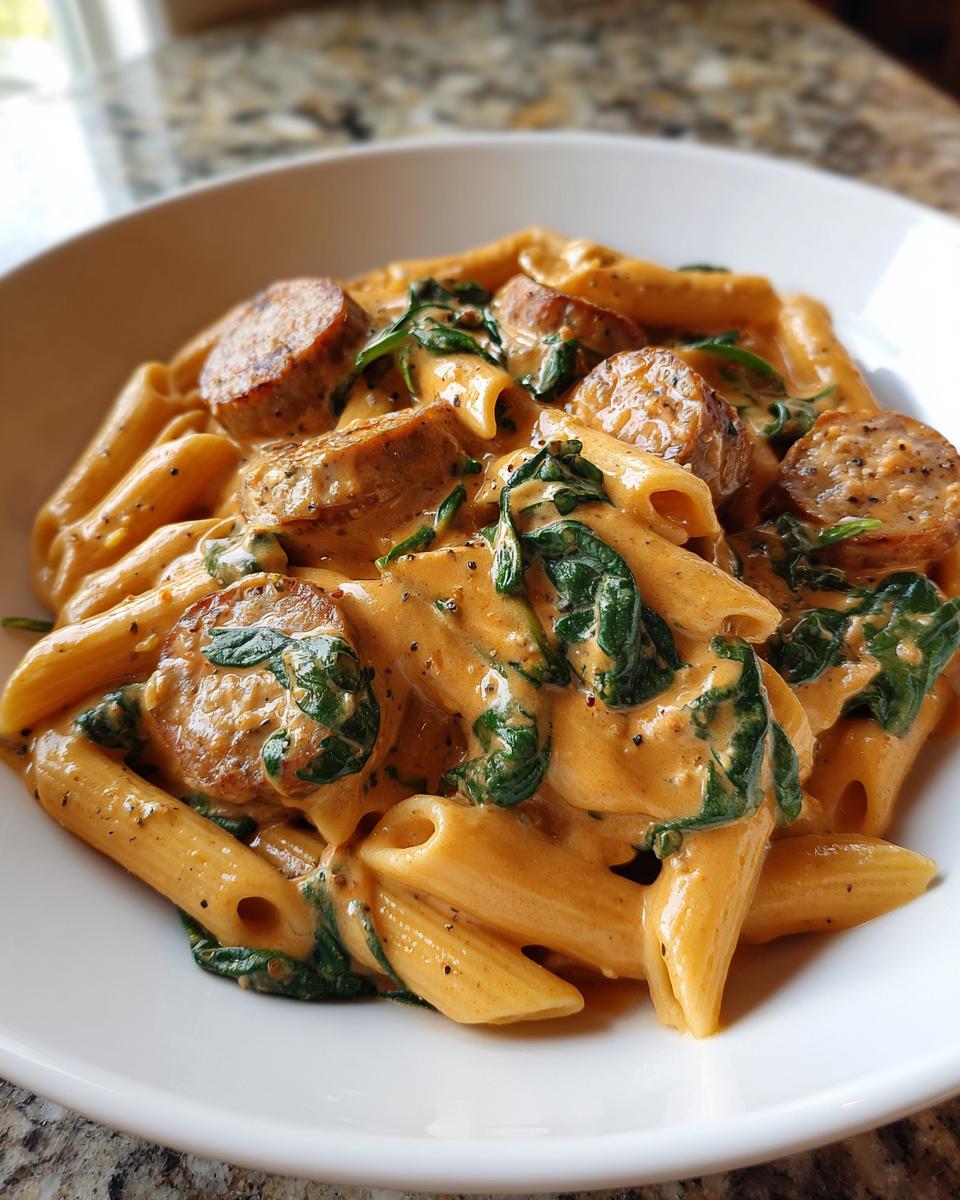 Close-up of creamy chicken sausage pasta featuring penne, sliced sausage, and wilted spinach in a white bowl.