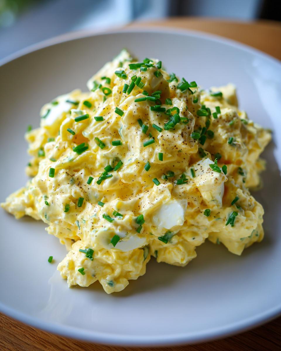 A close-up of a generous serving of creamy egg salad recipe, garnished with fresh chopped chives and black pepper.