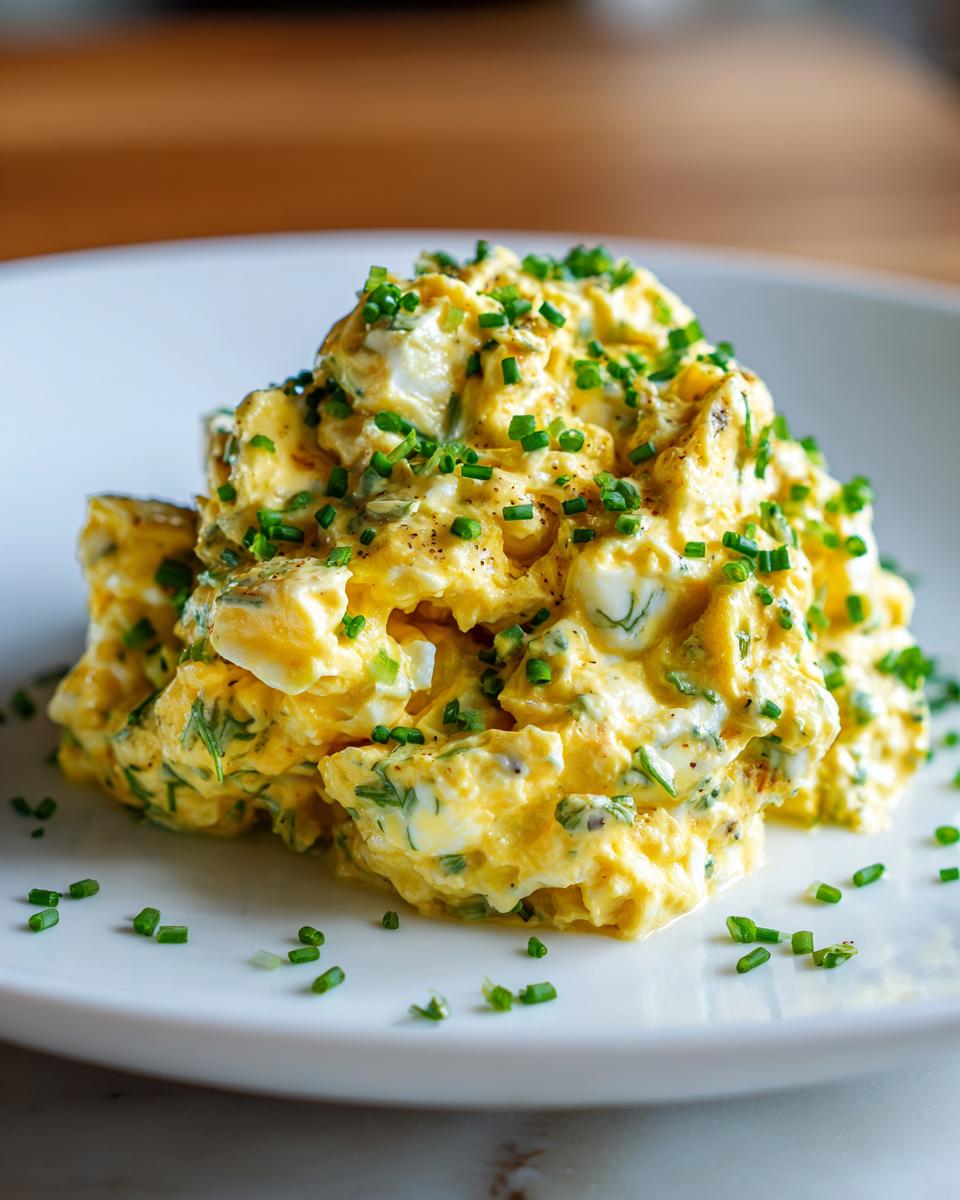 A generous scoop of creamy, yellow egg salad recipe garnished heavily with freshly chopped green chives on a white plate.