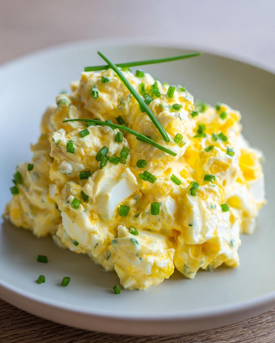 A mound of creamy, yellow egg salad recipe garnished generously with fresh, bright green chopped chives on a light gray plate.