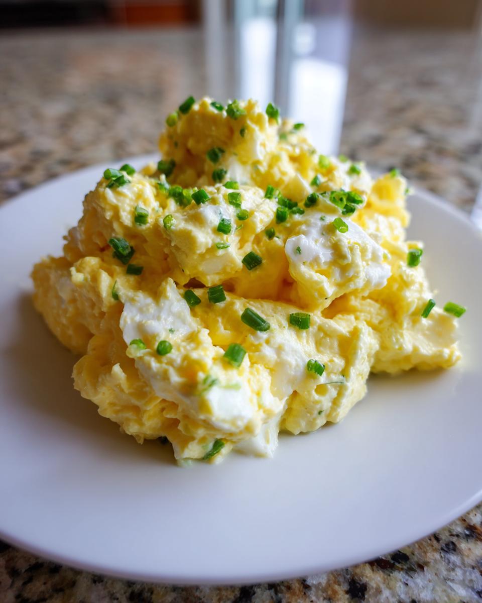 A mound of creamy, yellow egg salad recipe garnished generously with chopped green chives on a white plate.