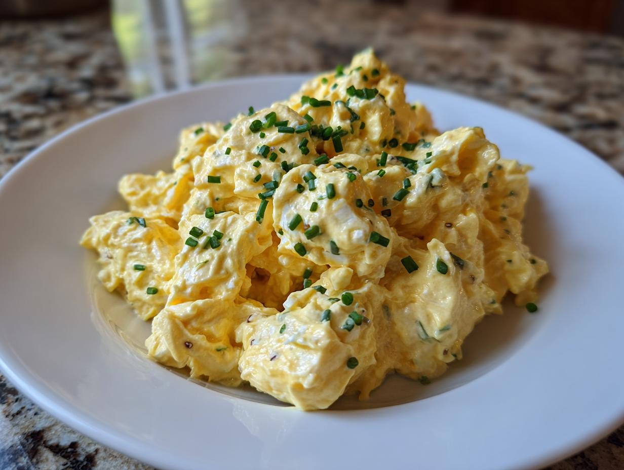 A close-up of a generous serving of creamy egg salad recipe topped with fresh, finely chopped green chives on a white plate.
