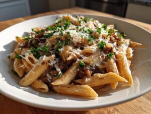 A close-up of creamy french onion pasta featuring penne coated in sauce, topped with caramelized onions, grated cheese, and fresh parsley.