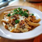 Close-up of creamy french onion pasta with melted cheese and fresh parsley garnish.