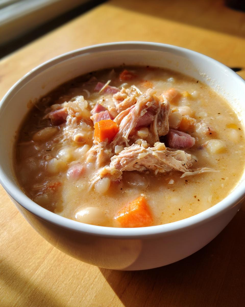 A close-up of a white bowl filled with creamy Ham and Bean Soup, topped with shredded ham, diced carrots, and white beans.